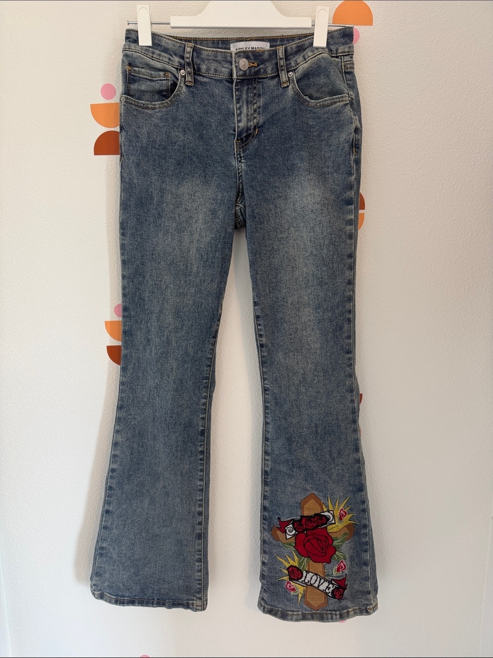 Ashley Mason Blue Flare Jeans with Red Rose Patch
